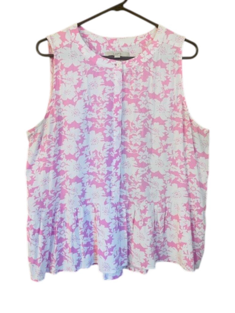 LOFT Pink/White Floral Sleeveless Button-Front Peplum Top - Size Large